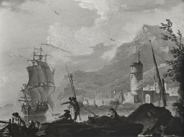 Anonimo — Lacroix Charles François - sec. XVIII - Marina con veliero, torre e pescatori — insieme